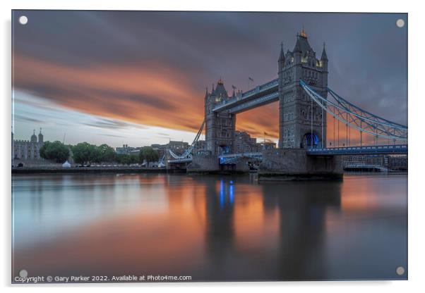 Tower bridge at sunrise.   Acrylic by Gary Parker