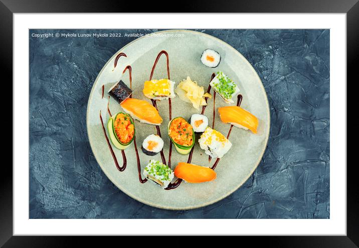 Set of oriental sushi roll, top view Framed Mounted Print by Mykola Lunov Mykola