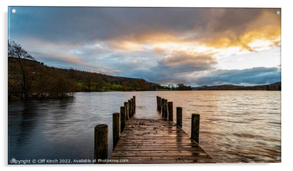 Coniston jetty at sunset Acrylic by Cliff Kinch