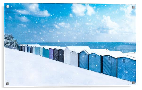 Beach huts in the snow at Frinton on Sea Acrylic by Paula Tracy
