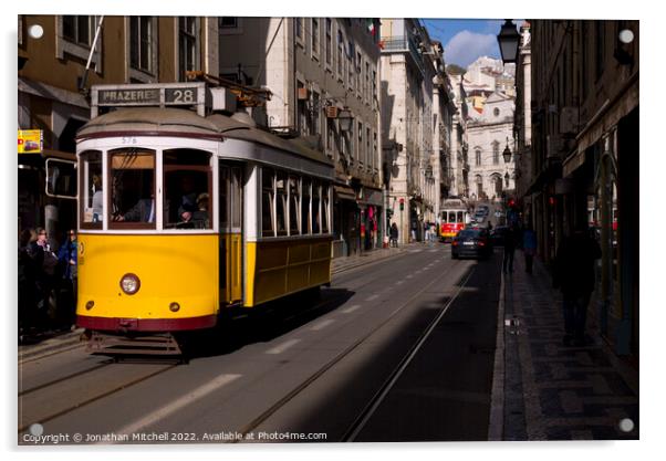 Yellow Tram, Baixa, Lisbon, Portugal, 2012 Acrylic by Jonathan Mitchell