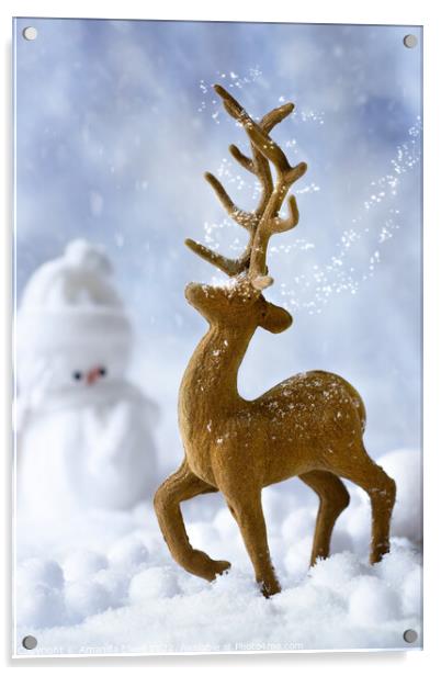 Reindeer In Snow Acrylic by Amanda Elwell