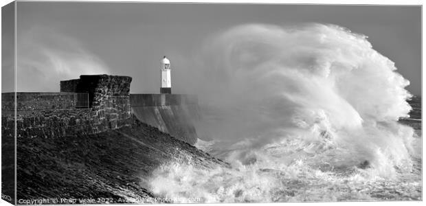 Porthcawl Lighthouse Against Freya's Fury Canvas Print by Philip Veale