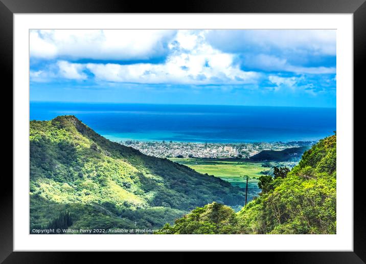 Kailua City Nuuanu Pali Outlook Green Mountains Oahu Hawaii Framed Mounted Print by William Perry