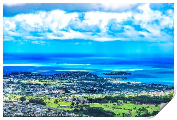 Colorful Kaneohe City Nuuanu Pali Outlook Green Mountains Oahu H Print by William Perry