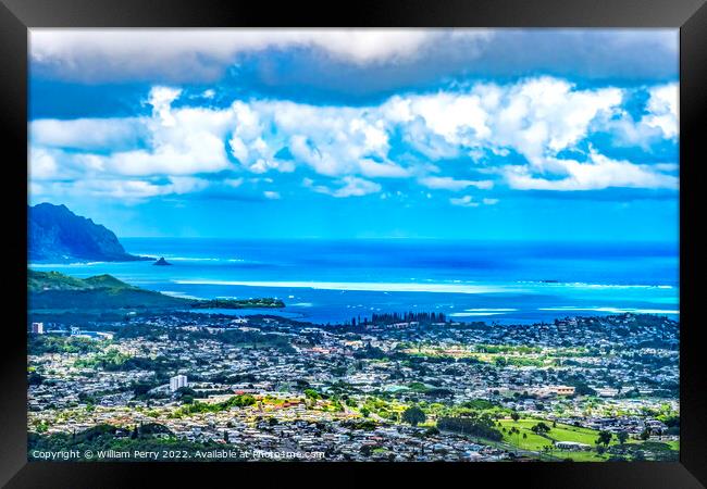 Colorful Kaneohe City Nuuanu Pali Outlook Green Mountains Oahu H Framed Print by William Perry