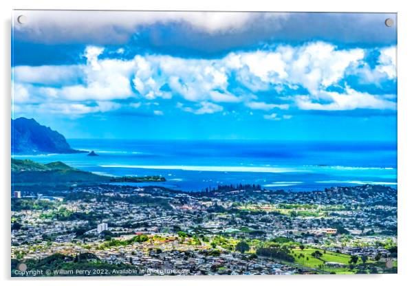 Colorful Kaneohe City Nuuanu Pali Outlook Green Mountains Oahu H Acrylic by William Perry