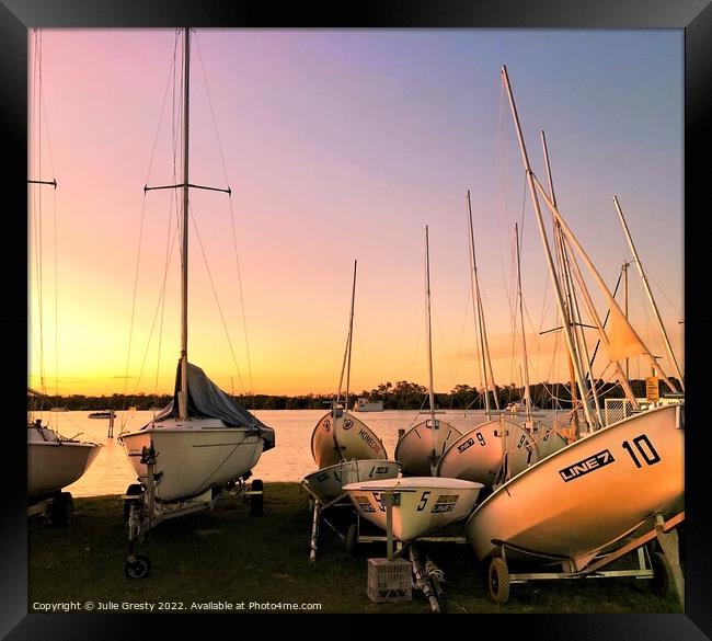 Yachts at Sunset Framed Print by Julie Gresty