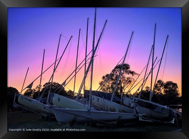 Yachts at Sunset Framed Print by Julie Gresty