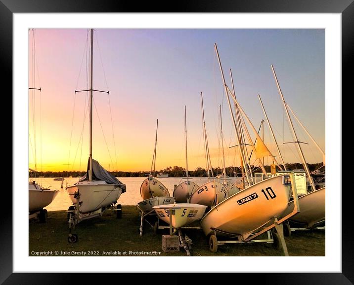 Yacht at Sunset Framed Mounted Print by Julie Gresty