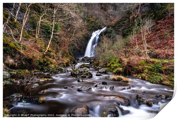 Grey Mare's Tail Waterfall and burn in winter, Galloway Forest Park, Scotland Print by SnapT Photography