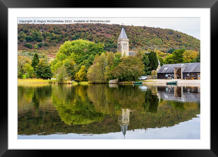 Church tower and Lake of Menteith Fisheries cabin Framed Mounted Print by Angus McComiskey