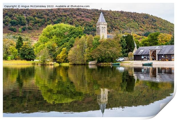 Church tower and Lake of Menteith Fisheries cabin Print by Angus McComiskey