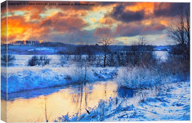 Early Winter Sunset at Karhujoki River, Finland Canvas Print by Taina Sohlman