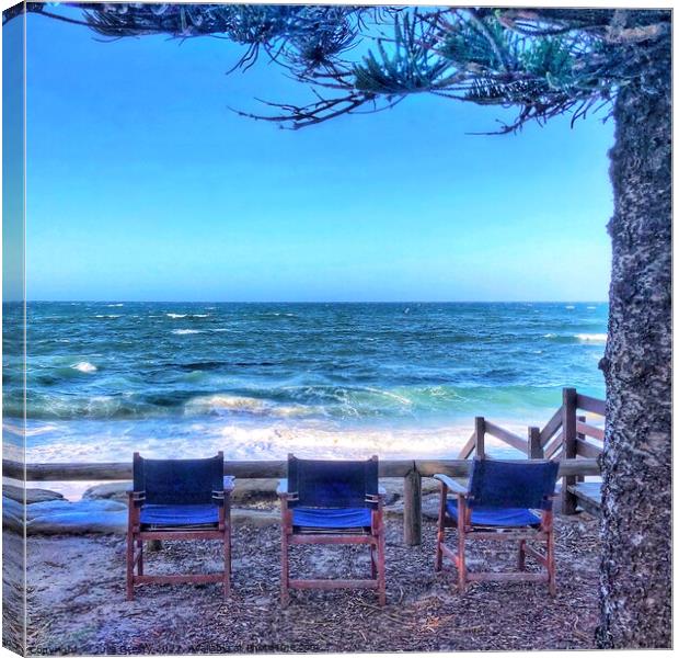 Blue Chairs Looking Out to Sea Canvas Print by Julie Gresty