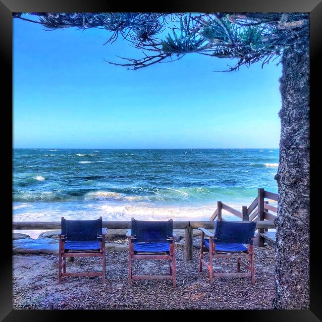 Blue Chairs Looking Out to Sea Framed Print by Julie Gresty