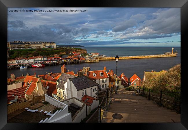 Looking over the roof tops to Whitby's harbour  Framed Print by Jenny Hibbert