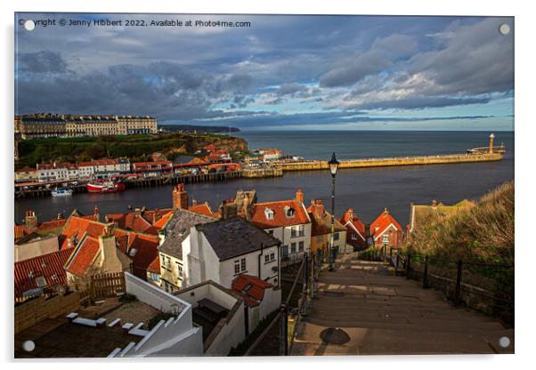 Looking over the roof tops to Whitby's harbour  Acrylic by Jenny Hibbert