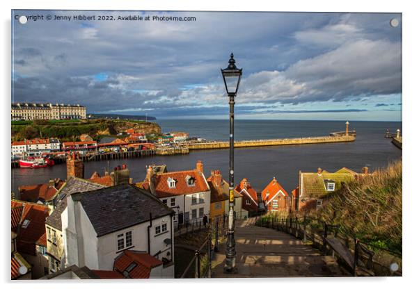 View of Whitby Old town & harbour Acrylic by Jenny Hibbert
