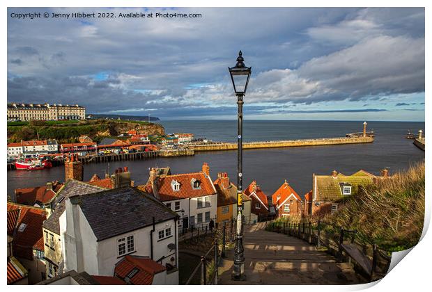 View of Whitby Old town & harbour Print by Jenny Hibbert