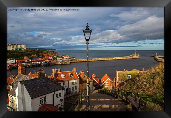 Looking over Whitby Old town & harbour Framed Print by Jenny Hibbert