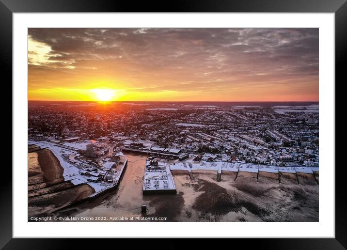 Whitstable Harbour Snowy Sunrise Framed Mounted Print by Evolution Drone