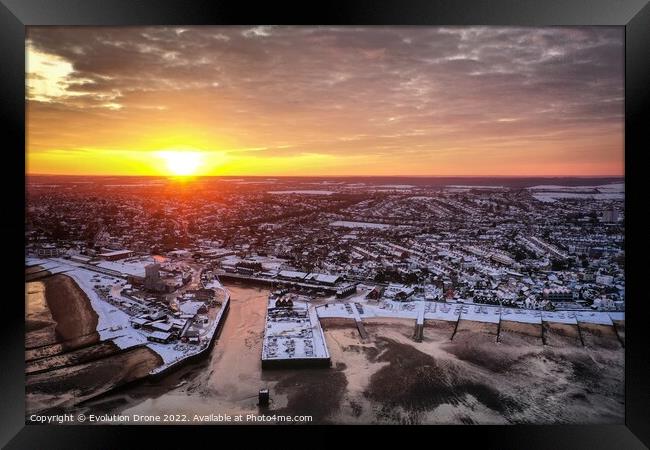 Whitstable Harbour Snowy Sunrise Framed Print by Evolution Drone