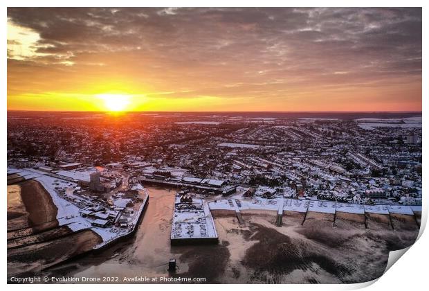 Whitstable Harbour Snowy Sunrise Print by Evolution Drone