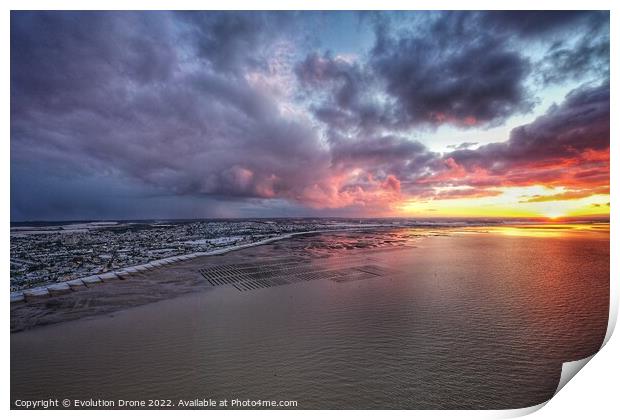 Whitstable Bay snow sunset Print by Evolution Drone