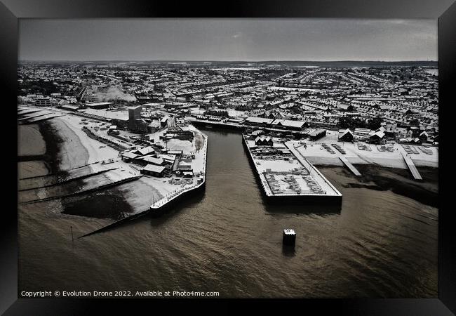 Whitstable Harbour Snow Framed Print by Evolution Drone