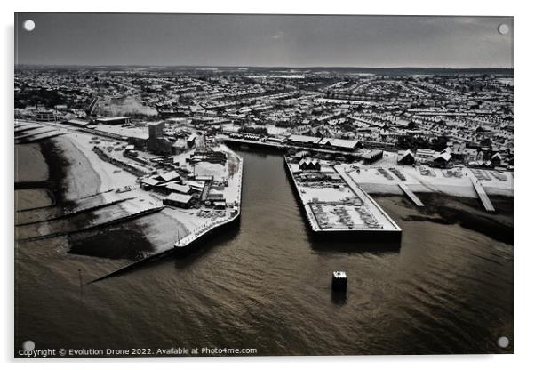 Whitstable Harbour Snow Acrylic by Evolution Drone