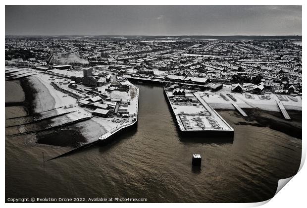 Whitstable Harbour Snow Print by Evolution Drone