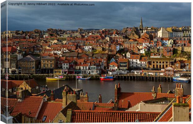 Looking over the roof tops towards Whitby harbour  Canvas Print by Jenny Hibbert