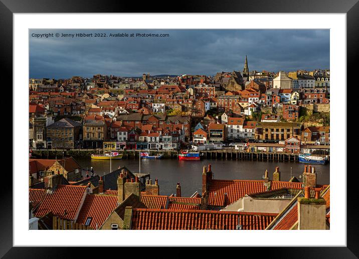 Looking over the roof tops towards Whitby harbour  Framed Mounted Print by Jenny Hibbert