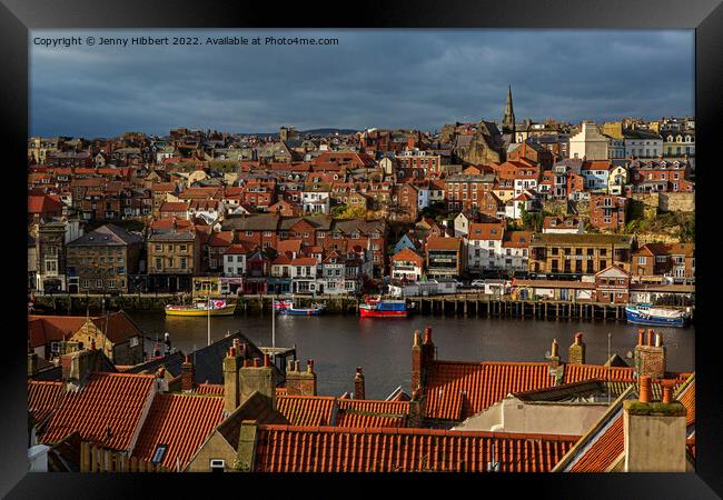 Looking over the roof tops towards Whitby harbour  Framed Print by Jenny Hibbert