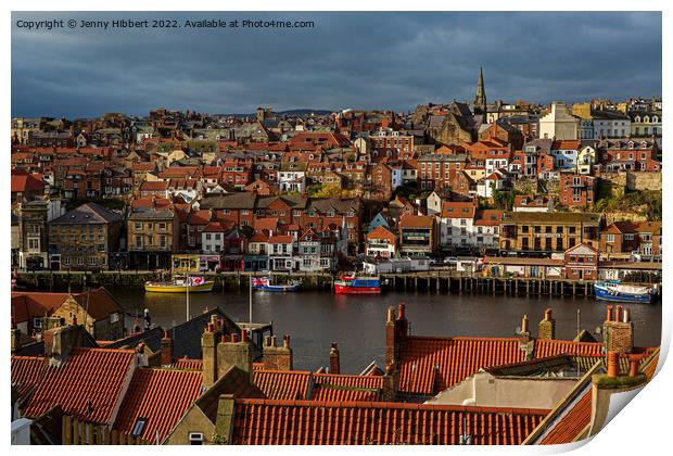 Looking over the roof tops towards Whitby harbour  Print by Jenny Hibbert