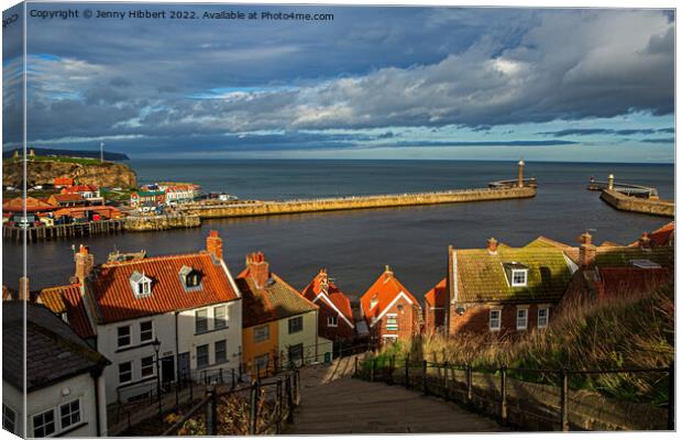 Whitby seaport from the steps of St Mary's church Canvas Print by Jenny Hibbert