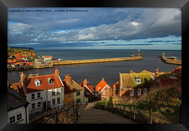 Whitby seaport from the steps of St Mary's church Framed Print by Jenny Hibbert