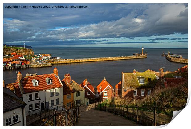 Whitby seaport from the steps of St Mary's church Print by Jenny Hibbert