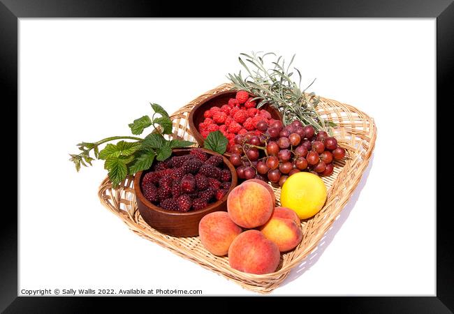 Basket with bowls of fresh fruit Framed Print by Sally Wallis