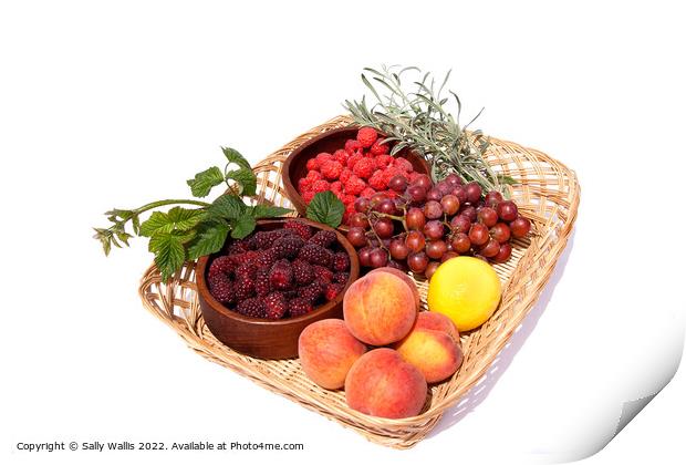 Basket with bowls of fresh fruit Print by Sally Wallis