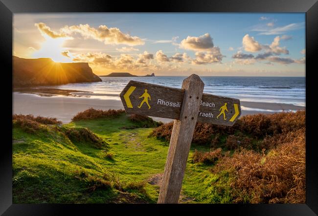 Beach sign post at Rhossili Framed Print by Leighton Collins