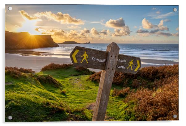 Beach sign post at Rhossili Acrylic by Leighton Collins