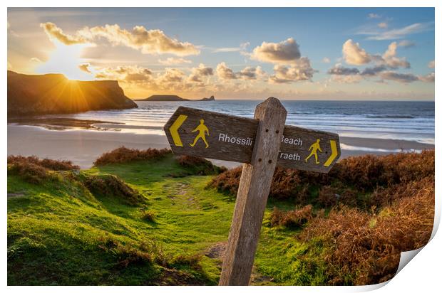 Beach sign post at Rhossili Print by Leighton Collins
