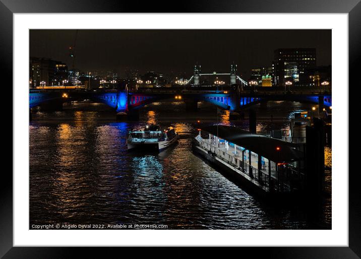 River Thames Boat and Bridges Scene - London Framed Mounted Print by Angelo DeVal