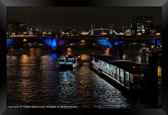 River Thames Boat and Bridges Scene - London Framed Print by Angelo DeVal
