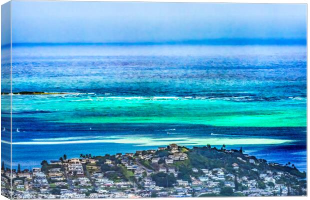 Colorful Sandbar Ocean Kaneohe City Nuuanu Pali Outlook Oahu Haw Canvas Print by William Perry