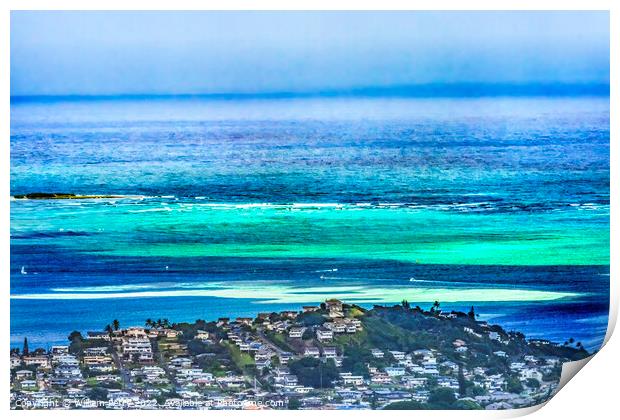 Colorful Sandbar Ocean Kaneohe City Nuuanu Pali Outlook Oahu Haw Print by William Perry