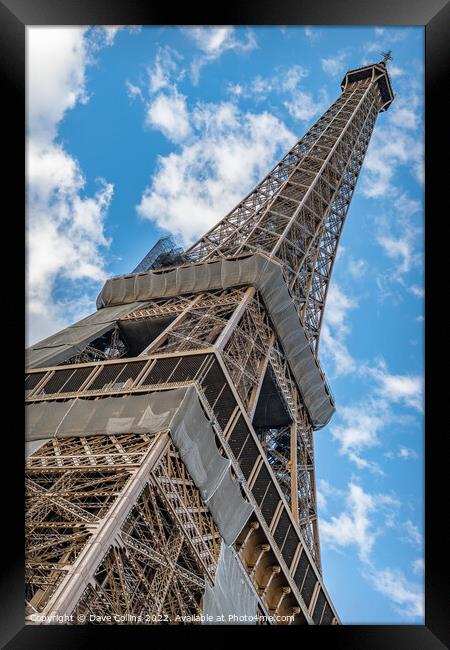 Quirky angle looking up at the Eiffel Tower, Paris, France Framed Print by Dave Collins
