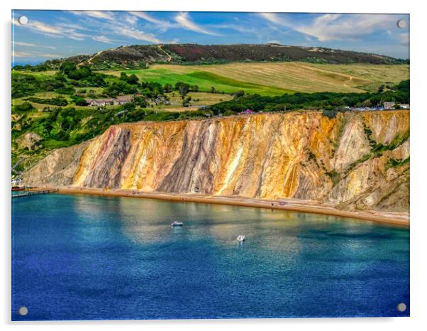 Vibrant Alum Bay Cliffs Acrylic by Roger Mechan